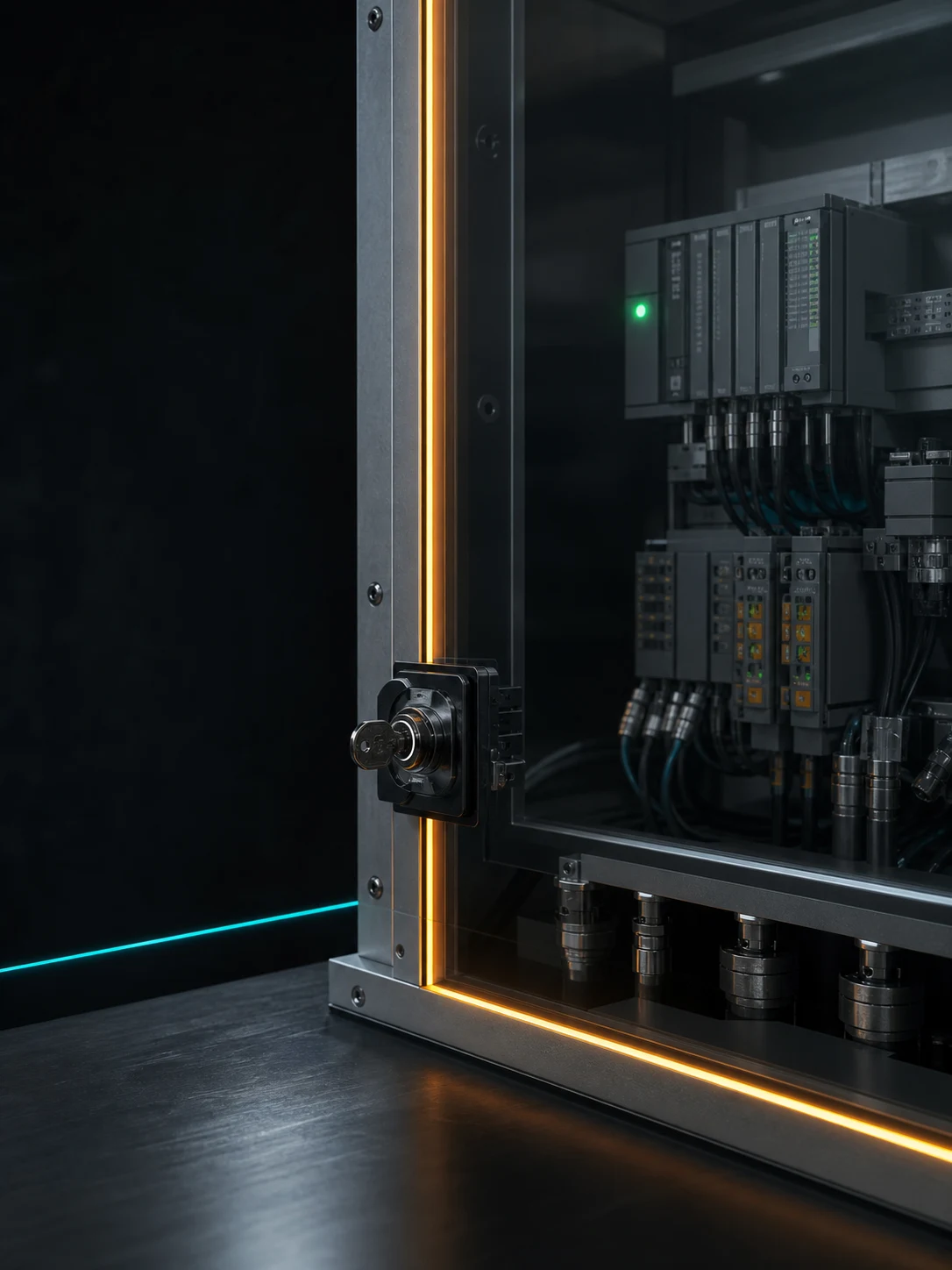 A certified industrial control enclosure protected by a physical amber interlock boundary.